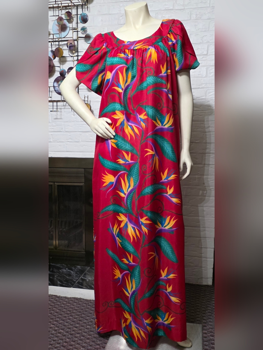 HILO HATTIE | Vibrant Red Tropical Maxi Dress with Green & Yellow Motif